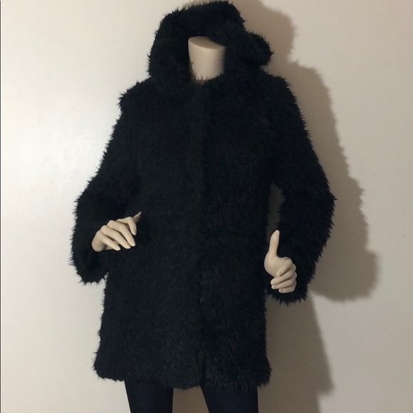 BUTTON CLOSURE HOODED SHAGGY BLACK FAUX COAT - Picture 8 of 8